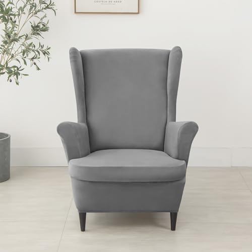 HFCNMY 2 Piece Stretch Velvet Wingback Chair Covers Dark Gray