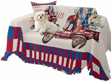 ALAGEO 4th of July Plaid Sofa Cover with Tassel Flowers