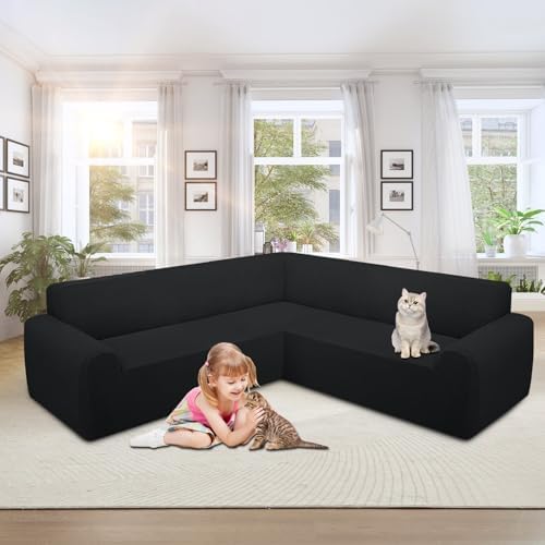 ALIECOM Stretchable L Shape Sofa Slipcover Cover with Elastic Bottom Black X-Large