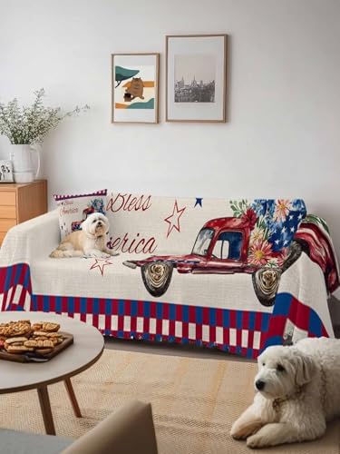 ALAGEO 4th of July Plaid Sofa Cover with Tassel Flowers