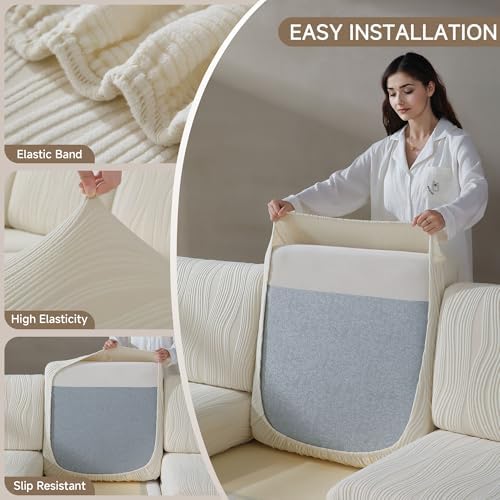 Qianmew Sofa Cushion Cover with Elastic Band Ivory 1 Seat Cover S
