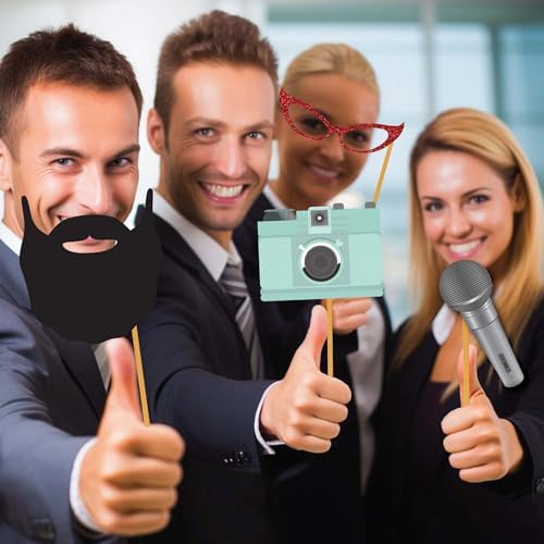 Party Photo Booth Props - 60 Piece Kit with Sign Sticks Adhesive Pads