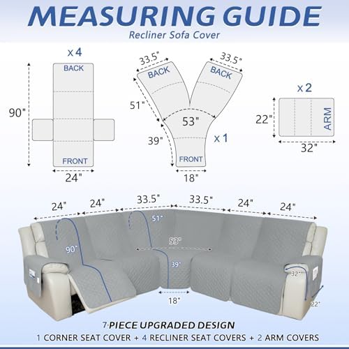 Arfntevss L-Shape Recliner Sectional Couch Cover - 5 Seater Silvery Gray