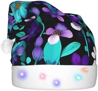 Purple And Teal Flower Print Christmas Hat With LED Lights