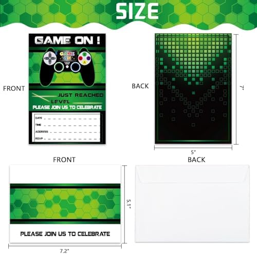 WERNNSAI 20 Set Video Game Birthday Invites with Green Envelopes