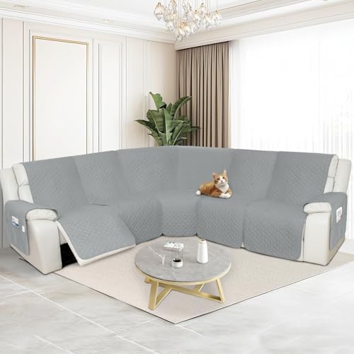 Arfntevss L-Shape Recliner Sectional Couch Cover - 5 Seater Silvery Gray