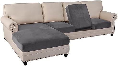 PrinceDeco Velvet Sectional Couch Covers 4 Piece Set Grey