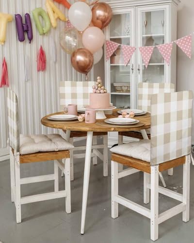 Beige Plaid Chair Covers Set of 4 for Dining Room