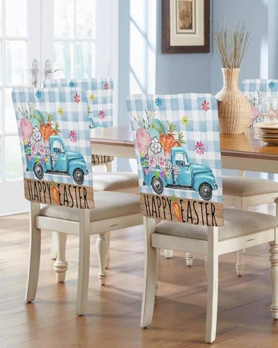 4 Pack Blue Truck Plaid Chair Covers for Dining Room 1