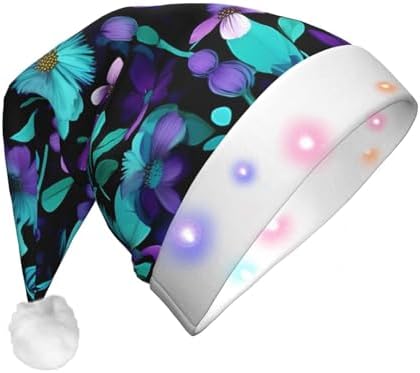 Purple And Teal Flower Print Christmas Hat With LED Lights
