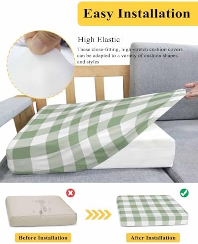 Sage Green Plaid Stretch Sofa Cushion Covers 3-PC