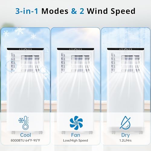 Kiarixo 8000 BTU Portable AC Unit with Dehumidifier Fan and Window Kit