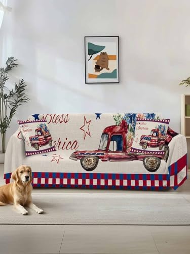 ALAGEO 4th of July Plaid Sofa Cover with Tassel Flowers