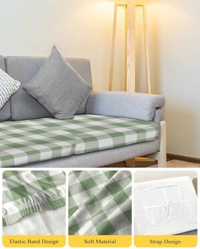 Sage Green Plaid Stretch Sofa Cushion Covers 3-PC
