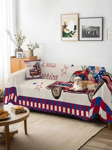 ALAGEO 4th of July Plaid Sofa Cover with Tassel Flowers