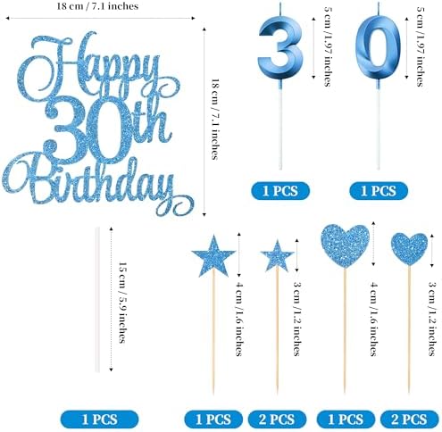 30th Birthday Cake Toppers Set with Glitter Decorations Blue