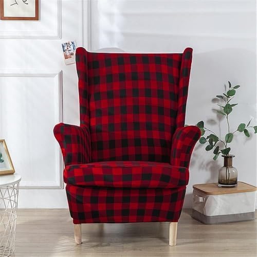 Stretch Wingback Chair Covers 2 Piece Red Black Plaid