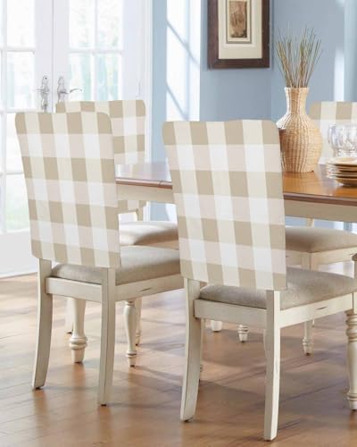 Beige Plaid Chair Covers Set of 4 for Dining Room