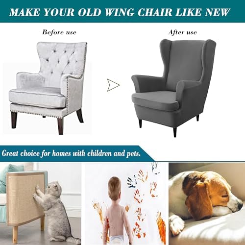 HFCNMY 2 Piece Stretch Velvet Wingback Chair Covers Dark Gray