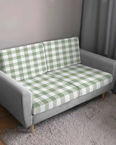 Sage Green Plaid Stretch Sofa Cushion Covers 3-PC