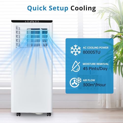 Kiarixo 8000 BTU Portable AC Unit with Dehumidifier Fan and Window Kit
