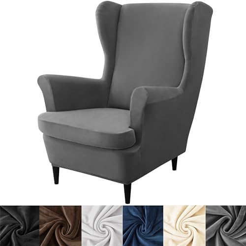 HFCNMY 2 Piece Stretch Velvet Wingback Chair Covers Dark Gray