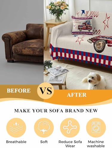 ALAGEO 4th of July Plaid Sofa Cover with Tassel Flowers