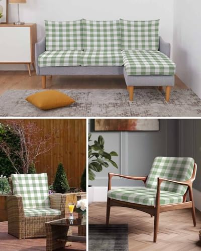 Sage Green Plaid Stretch Sofa Cushion Covers 3-PC