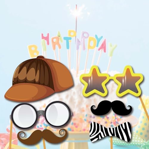 Party Photo Booth Props - 60 Piece Kit with Sign Sticks Adhesive Pads