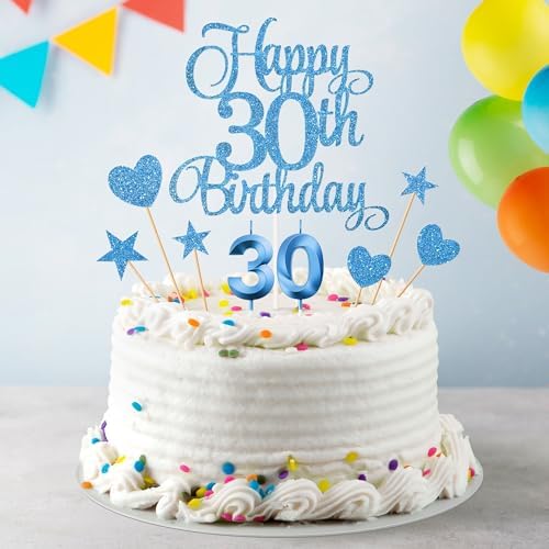 30th Birthday Cake Toppers Set with Glitter Decorations Blue