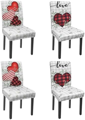 Valentine Chair Covers Set of 4 Love Heart Plaid Decor