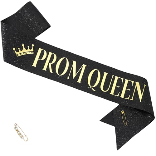 Prom Queen Sash with Pearl Safety Pin Graduation Party Accessories Black Gold
