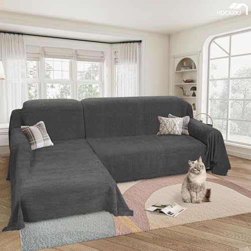Chenille Couch Covers for L Shape Sectional with Tassels 2-Piece Set