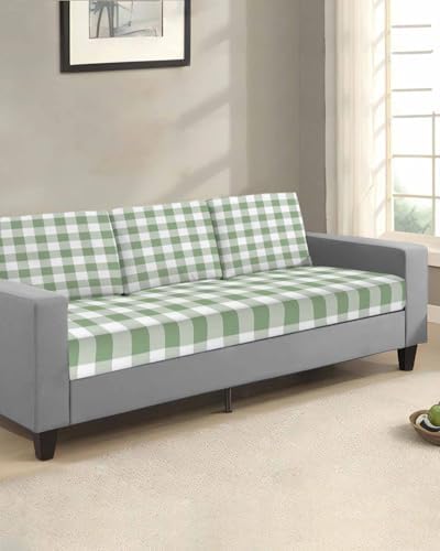 Sage Green Plaid Stretch Sofa Cushion Covers 3-PC