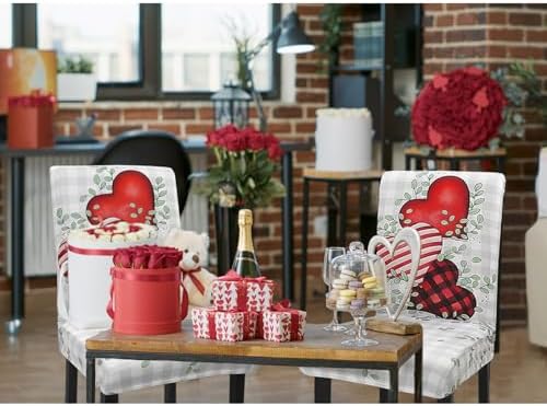 Valentine Chair Covers Set of 4 Love Heart Plaid Decor