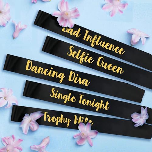 12 Pack Bachelorette Sashes with Gold Pins Black and White