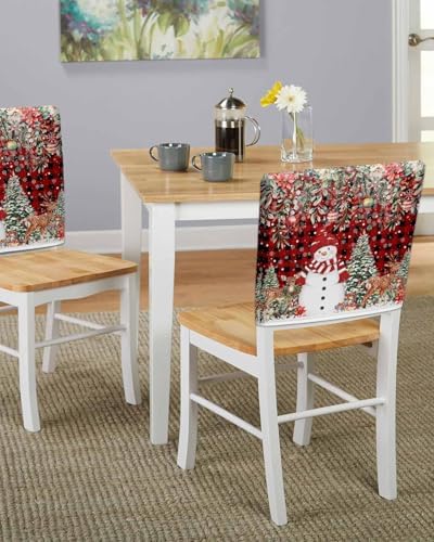 Red Plaid Snowman Christmas Chair Covers Set of 4 for Dining Room