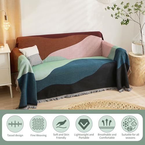 Reversible Knitted Patchwork Sofa Cover with Tassels