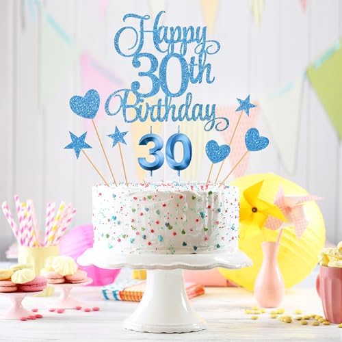 30th Birthday Cake Toppers Set with Glitter Decorations Blue