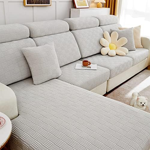 ELEOPTION Elastic Chaise Couch Slipcover for Sectional Sofa L Shape Grey White