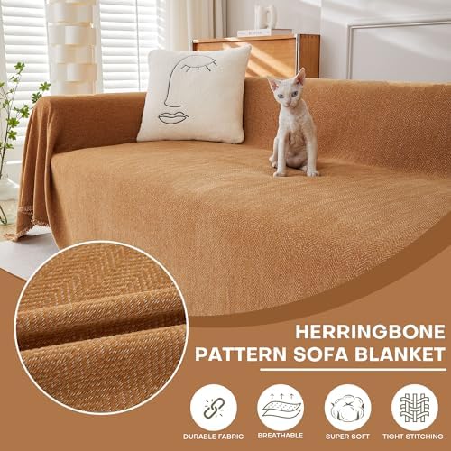 Foreate Chenille Sofa Cover 71 x 134 Caramel Herringbone