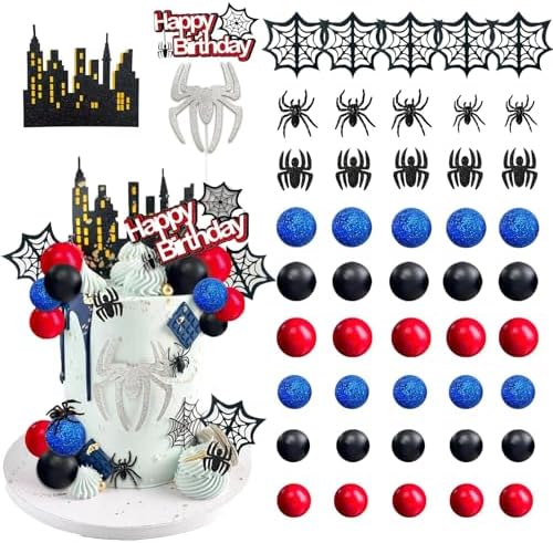 48 PCS Spider Themed Superhero Birthday Cake Decorations