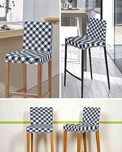 TweetyBed Bar Stool Covers Buffalo Plaid Navy Blue Stretch Removable Set of 2
