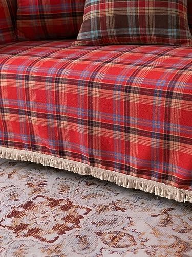 Christmas Plaid Sofa Cover with Tassels and Elastic