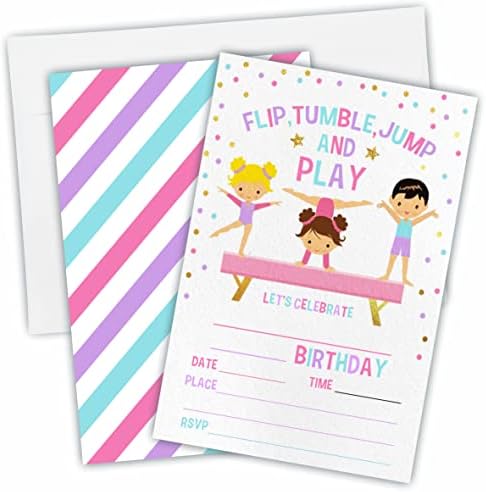 Gymnastics Birthday Party Invites Flip Tumble Jump For Kids Teens Boys Girls