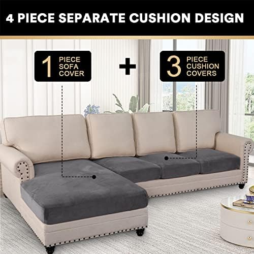 PrinceDeco Velvet Sectional Couch Covers 4 Piece Set Grey