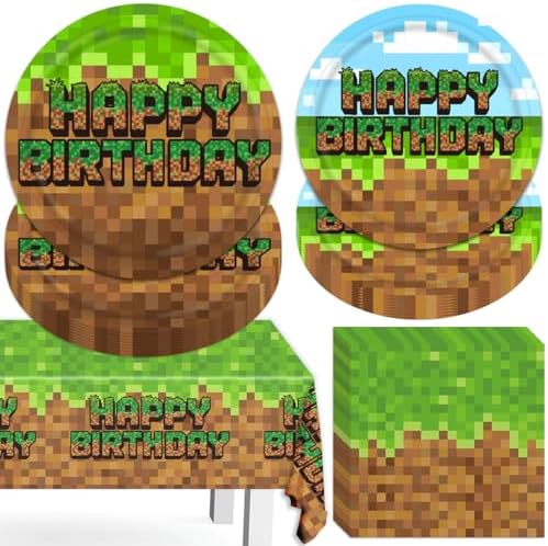 Green and Brown Video Game Themed Birthday Tableware Set 41Pcs