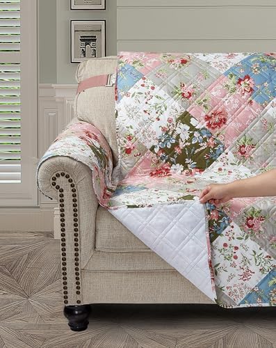 Brilliant Sunshine Quilted Sofa Slipcover with Peach Olive Flowers Design