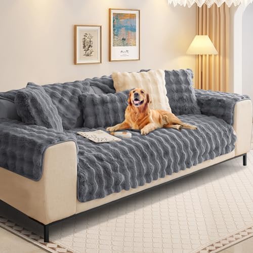 Thick Rabbit Plush Sofa Cover for 1-3 Seaters Dark Gray