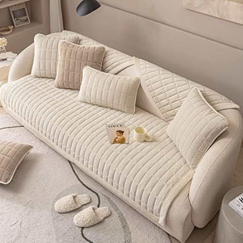 Vctops Velvet Plush Plaid Sofa Cover Non Slip Sectional Couch Protector